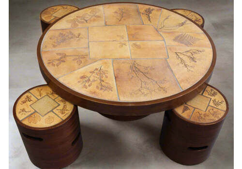 Vintage French Coffee Table Set With Ceramic Top By Raymonde Leduc (Circa 1970s)