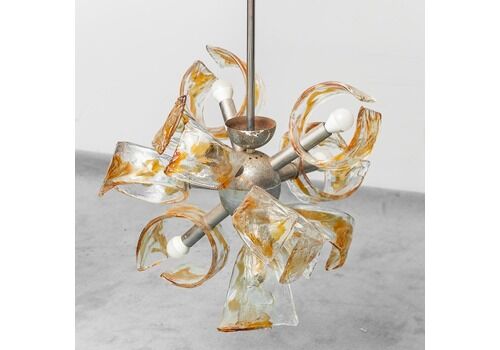 9 Light Chandelier In Curved Glass, Vintage, Modern, 1970s