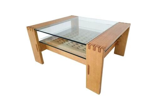 Mid Century Modern Coffee Table By Guiseppe Rivadossi, Wood And Glass, Italy