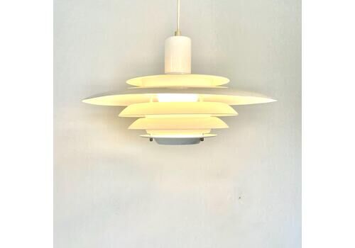 Danish Minimalist Mid Century Design Multilayer Ceiling Lamp In White Metal With Elegant Details