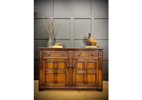 Ercol Old Colonial Large Sideboard – Oak, Carved Panel, Vintage Buffet Cupboard