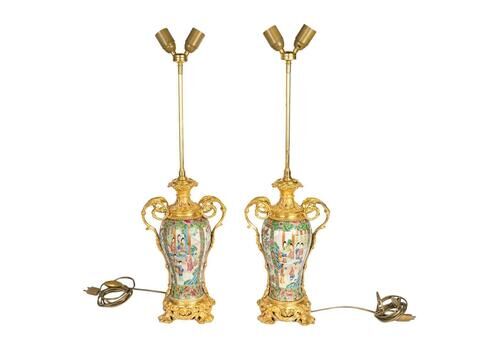 Pair Of 19th Century Canton Porcelain And Gilt Bronze Oil Lamps, Napoleon III.