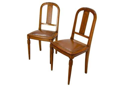 Two Art Deco Dining Walnut And Skai Chairs, French, Circa 1930