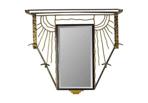 French Art Deco Coat Rack Hat Stand Wrough Iron Glass & Mirror, Circa 1925