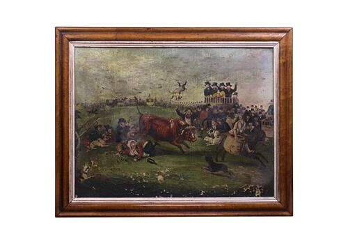 Late Naive English School "Bull Broke Loose" Bull Baiting Oil On Canvas