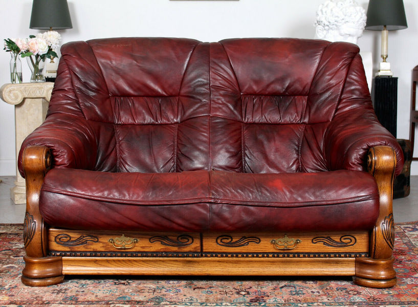 French Oak Burgundy Leather Sofa Carved Two Seater Vinterior French Oak Burgundy Leather Sofa Carved Two Seater Photo 1