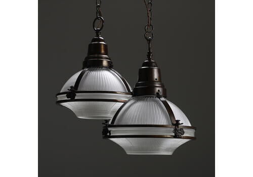 Pair Of Large Three Part Caged Holophane Lanterns