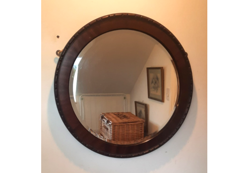 Antique Art Deco Mahogany Framed Round Mirror Bevelled Edge