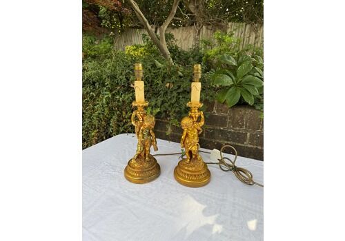Pair Of 1970s Vintage Cherub Table Lamps In Gilt Resin With Neoclassical Styling, Aged Patina, And Elegant Baroque Detail, Working Pat Teste
