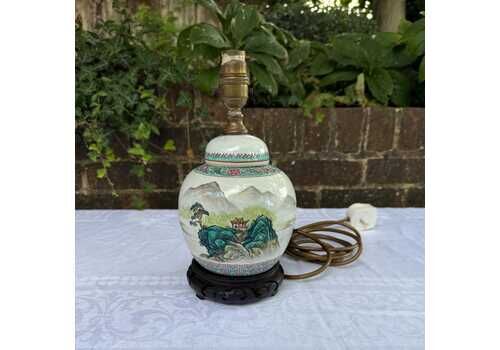 Rare Mid Century Hand Painted Chinese Ginger Jar Lamp With Famille Rose Style, Scenic Landscape, Calligraphy, Carved Wooden Base Pat Tested