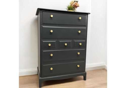 Stag Minstrel Chest Of 7 Drawers – Tallboy In Anthracite Grey – Painted Vintage Drawers With Gold Knobs – Bedroom Storage