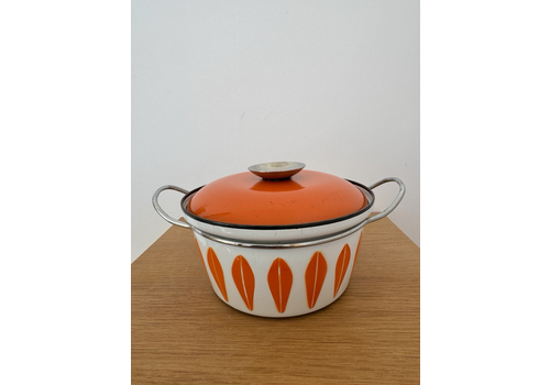 Vintage Catherineholm Norway Lotus Orange & White Enamel Small Cook Pot
