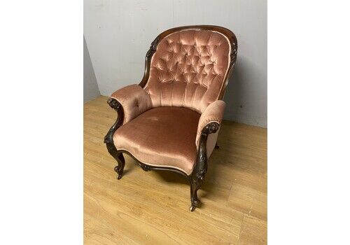 C19th Deep Buttoned Carved Mahogany Armchair