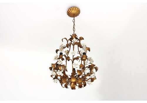 Mid Century Hollywood Regency Italian Florentine Tole Chandelier Hand Crafted White Porcelain Roses Shabby Chic Vintage 1950s Italy Tag