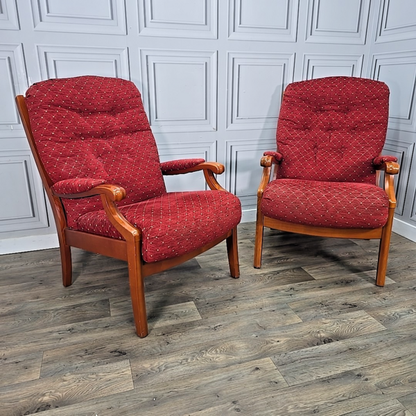 Pair Mid Century Wooden Armchairs Red Upholstery High Back