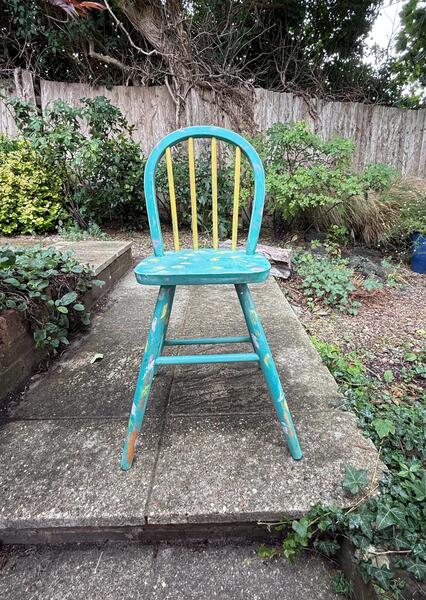 1970s Hand Painted Toddler Dining Table Chair, Vintage Wooden