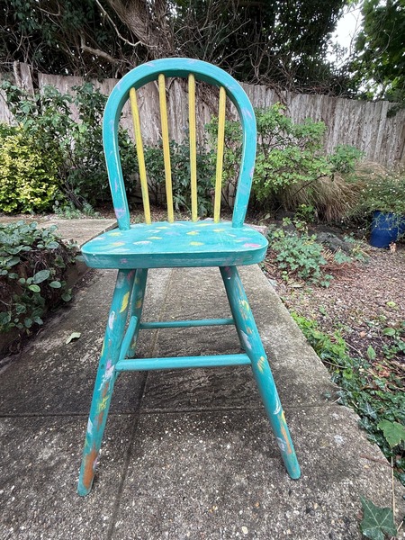 1970s Hand Painted Toddler Dining Table Chair, Vintage Wooden
