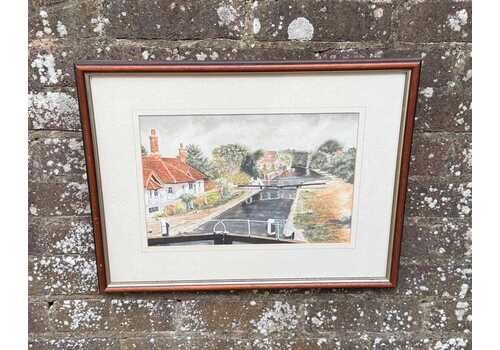 Framed Canal Lock Watercolour By Thelma Dudley, Signed 1996, English Cottage Scene With Narrowboats, Traditional Landscape Art