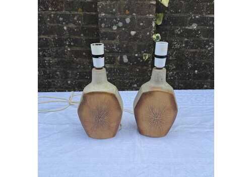 Pair Of Vintage Studio Pottery Table Lamps, Hexagonal Bottle Shape, Earth Toned Textured Glaze, Signed West German Modernist Ceramics