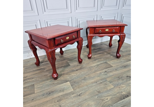 Antique Pair 2 Solid Wood Bedside End Lamp Tables Drawers Queen Anne Mahogany