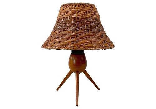 Rattan Wicker And Birch Tripod Table Lamp, Austria 1950s