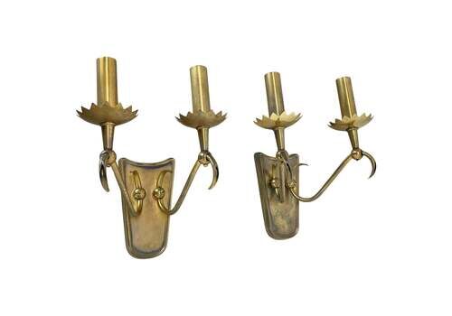 Unique Set Of 2 Brass Gio Ponti Style Theatre Wall Light Sconces, Italy, 1950s