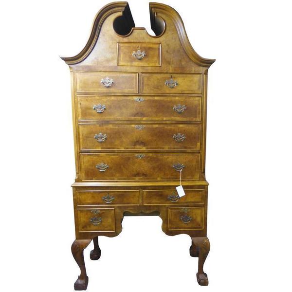 19th Century Queen Anne Revival Burr Walnut Highboy Vinterior