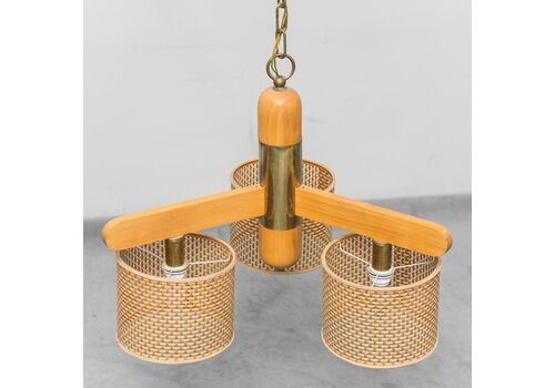 1970s Vintage Modern Antique 3 Light Rattan Chandelier
