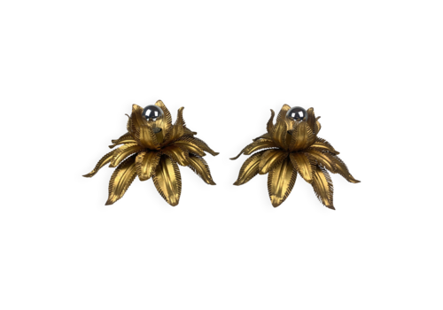 Pair Hollywood Regency Florentine Brass Ceiling Mounts By Hans Kogl, 1960s