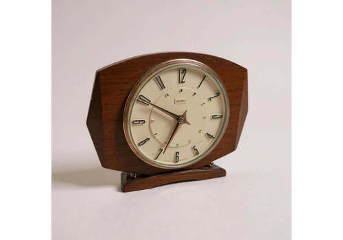 Mid Century Modern Metamec Table Clock | 1960s Wood & Brass Mantel Clock