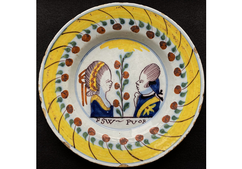 Rare 18thc Dutch Polychrome Delft Plate Of Prince William V And Princess Sophia