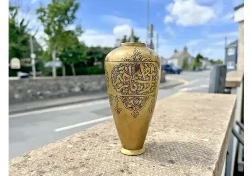 Antique Art Deco Jewish Eastern Brass Etched Floral Mantel Vase Alfred Salzmann