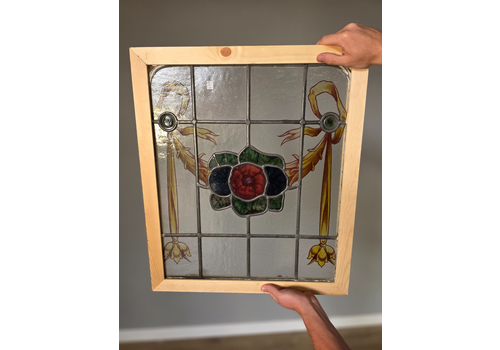 Antique Leaded Glass Window With Hand Painted Detail Of Flowers, Swags And...