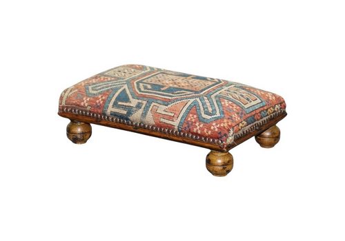 Antique Rug Kilim Fabric Upholstered Footstool Raised On Turned Wooden Bun Feet