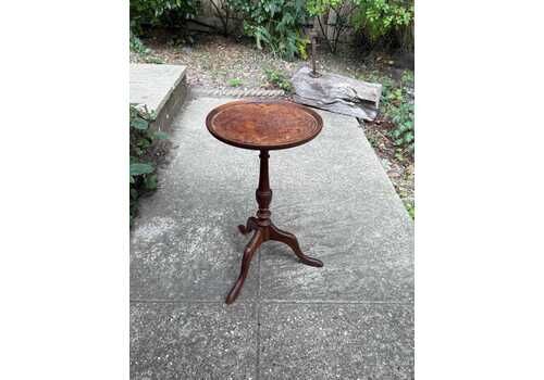Shabby Vintage Wine Table, Round Tripod Side Table With Leather Inlay, Rustic Patina, Upcycle Project, Country House Style