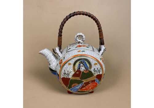 Antique Vintage Chinese Porcelain Teapot Oriental Pattern Decorative Kitchen Tea Pot Asian Bamboo Wood Woven Handle Hand Painted Lid