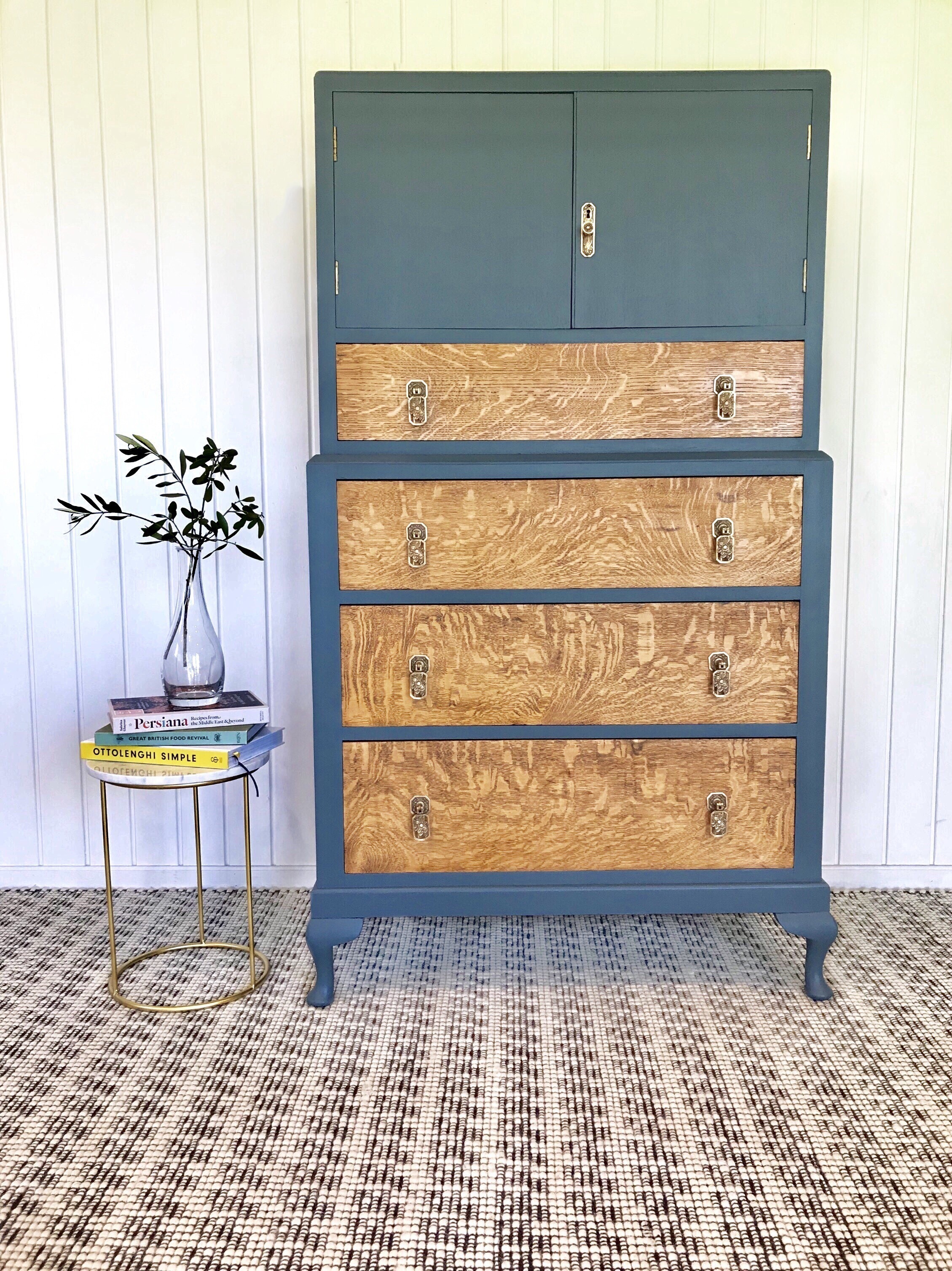 Vintage Oak Tallboy Chest Of Drawers Cabinet With Original Brass