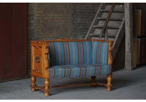 Ornamented Oak Sofa With Original Upholstery, Nordic Classicism, Sweden, 1930s