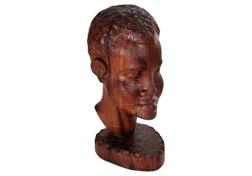 Hand Carved African Head Sculpture In Patinated Wood – Mid Century Decoration