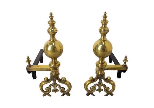 Pair Of Brass And Wrought Iron Andirons, France, 18th Century