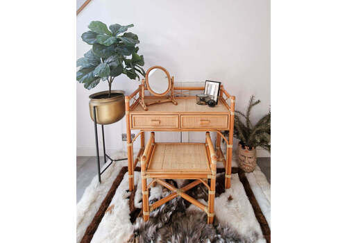Mid Century Rattan & Cane Bamboo Dressing Table & Stool