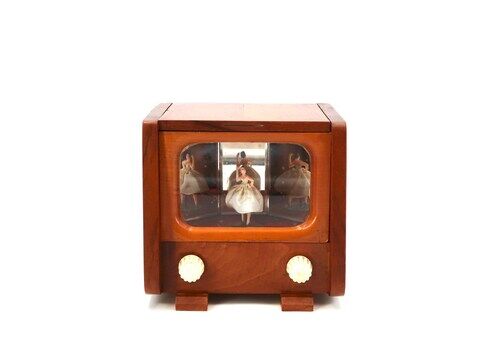 French Musical Jewelry Box In The Shape Of A Television And Containing A Dancer, 1950s / Mid Century Modern Home Decor