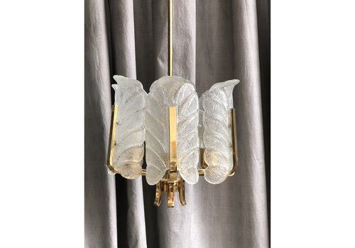6 Glass & Brass Leaves Chandelier By Carl Fagerlund For Orrefors, 1960s