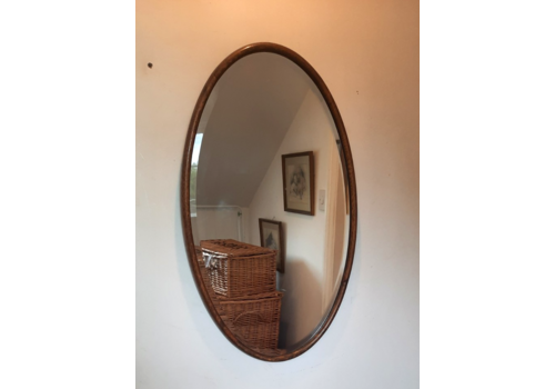 Antique Art Deco Era Oak Framed Oval Mirror Bevelled Edge