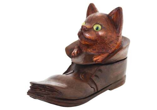 Black Forest Inkwell Cat In Boot Swiss Antique 19th Century Hand Carved Glass