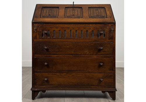 Antique 20th Century Linenfold Bureau In Oak