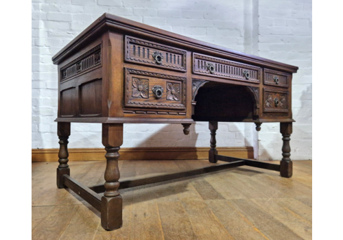 Antique Style Old Charm Carved Oak Kneehole Double Sided Writing Desk