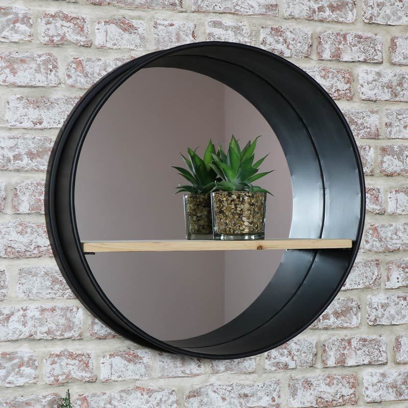 Round Industrial Metal Framed Wall Mirror With Shelf 49cm X Metal Framed Wall Mirror With Shelf