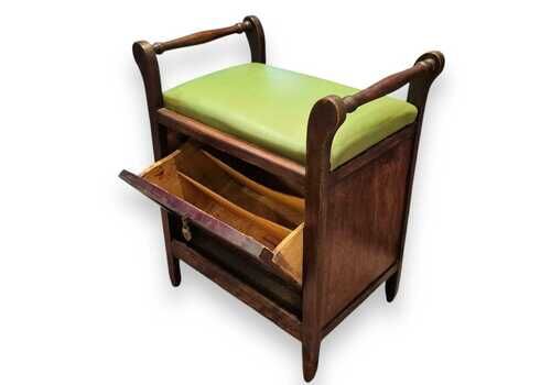 Antique Edwardian Mahogany Piano Stool | Green Upholstery With Music Storage | Vintage Hallway Bench