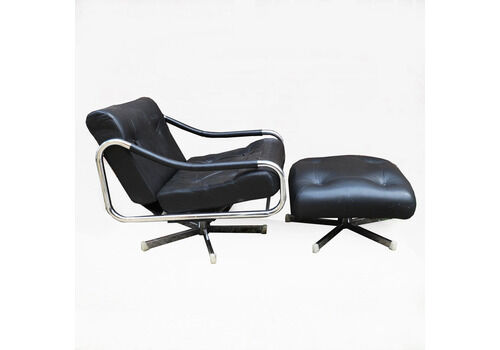 Vintage Pieff Black Leather And Chrome Tubular Swivel Arm Chair And Stool, 1970s